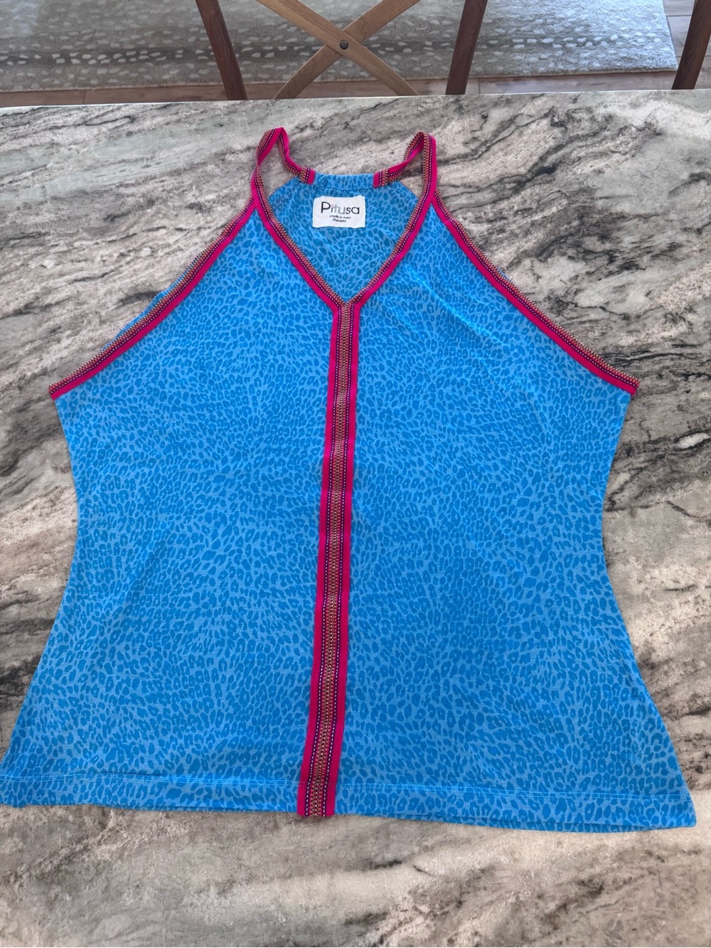Pitusa Bright Blue Animal-Print Halter Tank with Pink Trim